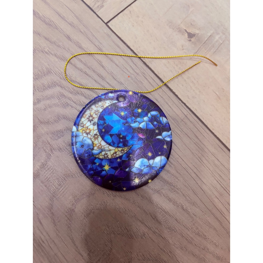 Celestial Crescent Moon Mosaic Ceramic Ornament Night Sky Stars Blue Purple Gold